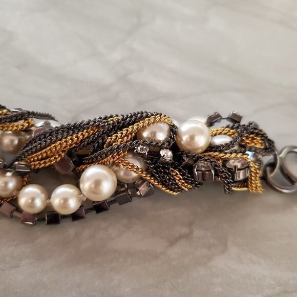 ✨ Vintage J.Crew Pearl Chain Twisted Rhinestones Crystals Statement Bracelet ✨ - Picture 10 of 12